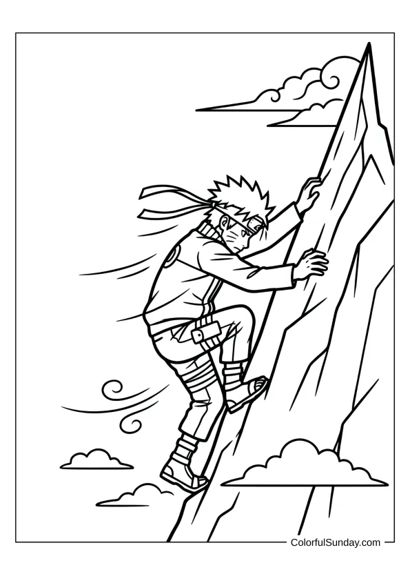 Naruto climbing mountain peak in daring coloring page.