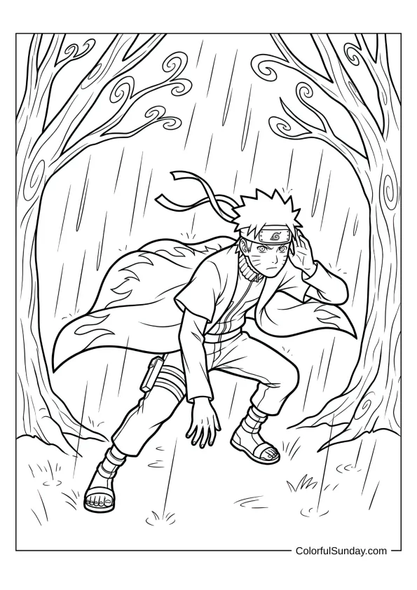 Naruto on rainy patrol, tense atmosphere in dramatic coloring page.