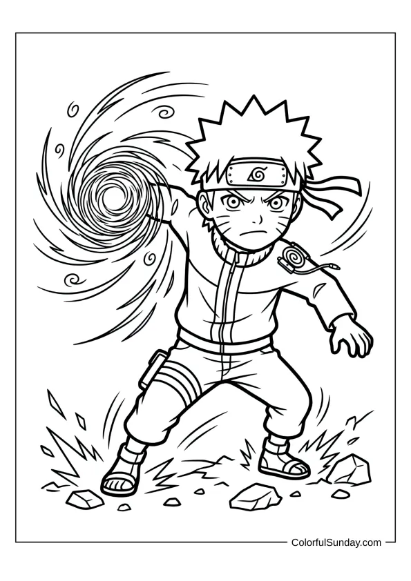 Naruto charging Rasengan for battle, dynamic action coloring page.