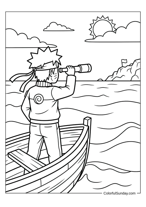 Naruto on boat toward distant island in adventurous coloring page.