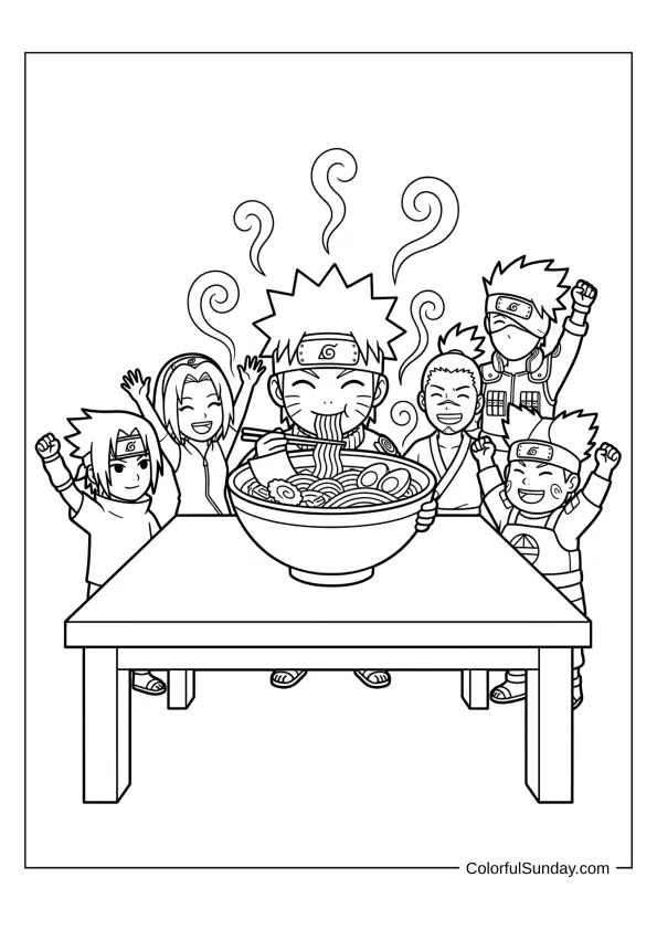 Naruto eating ramen with friends in cheerful coloring page.