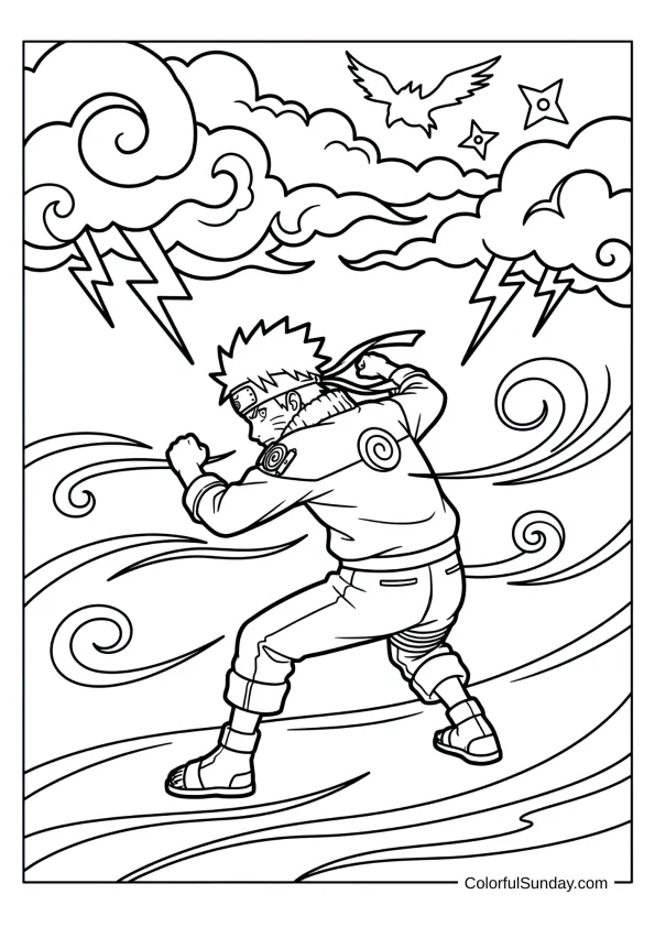 Naruto facing stormy sky before battle in dramatic coloring page.