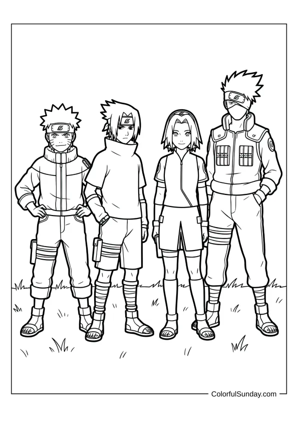 Team Seven gathered together with Naruto leading in adventure coloring page.