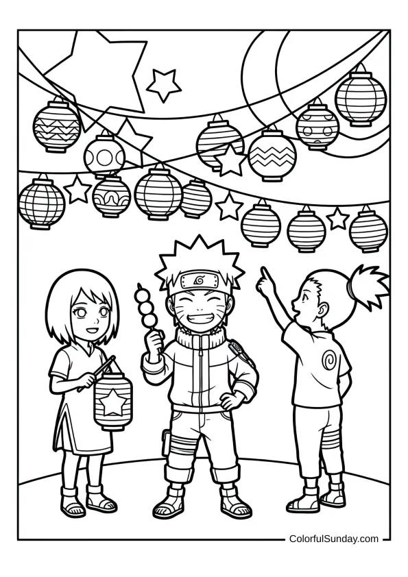 Naruto celebrating festival with friends in lively coloring page.
