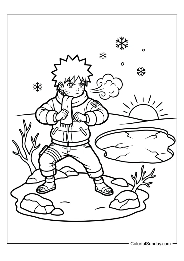 Naruto training in snow by frozen lake in cold coloring page.