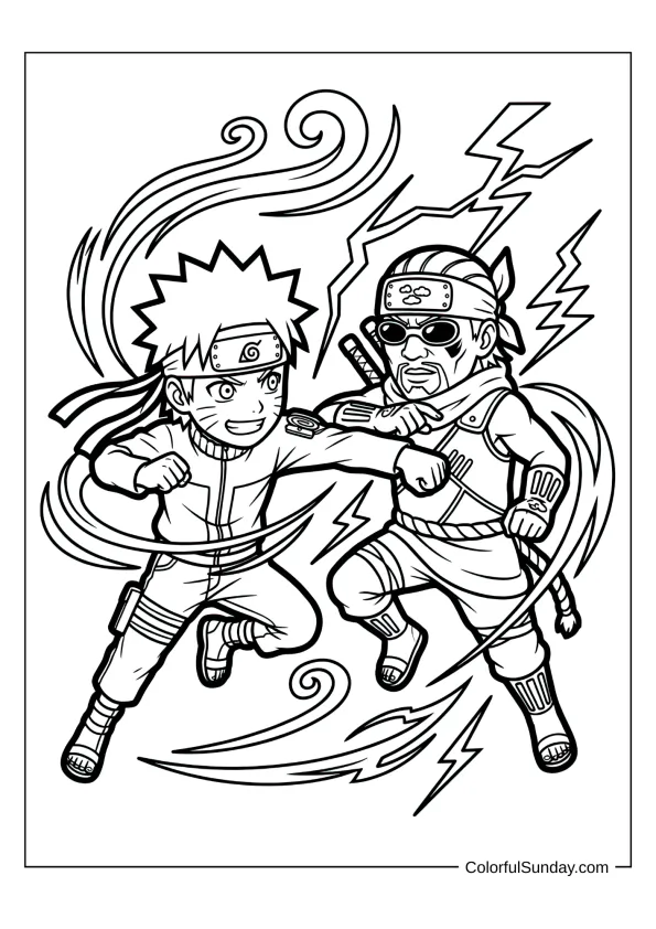 Naruto and Bee playful duel in powerful coloring page.