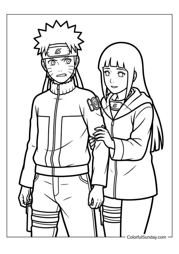 Naruto and Hinata sharing moment of encouragement in touching coloring page.