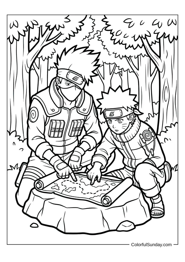 Naruto receiving guidance from Kakashi during planning in detailed coloring page.