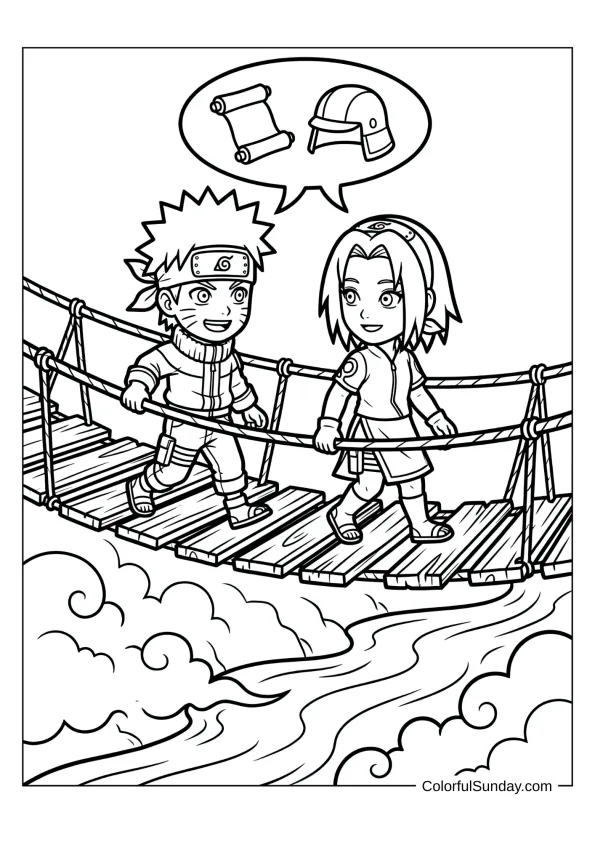 Naruto and Kakashi walking on bridge in serene coloring page.
