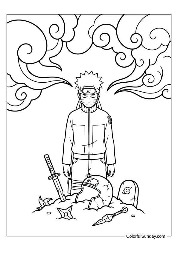Naruto remembering Obito in reflective coloring page.