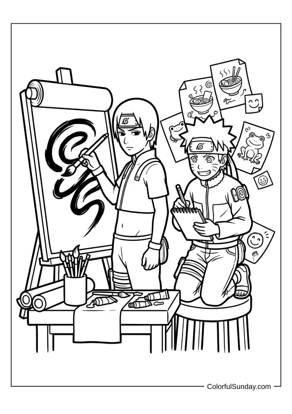 Naruto and Sai creating art together in creative coloring page.