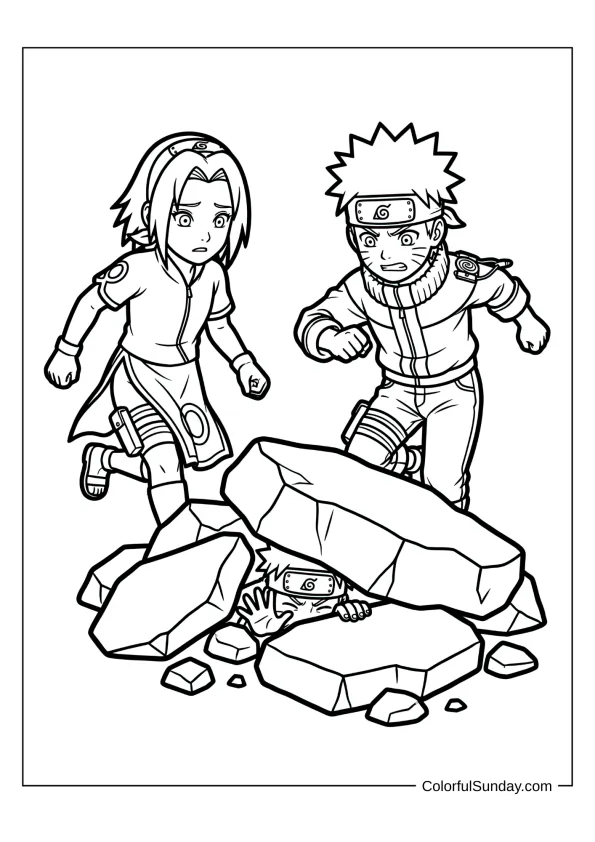 Naruto and Sakura rescuing friend in dramatic coloring page.