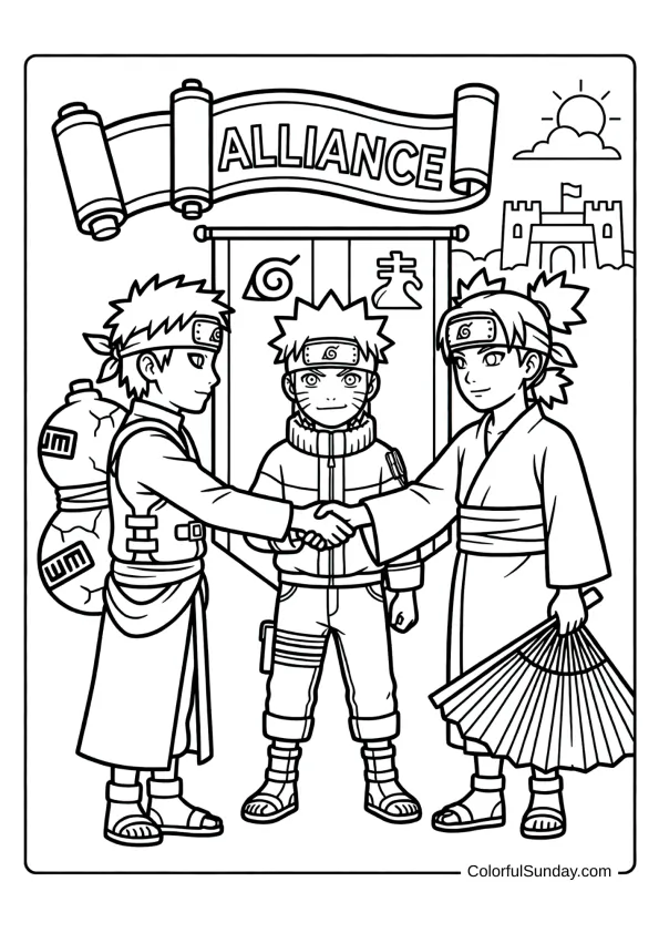 Naruto forging alliance with Sand ninjas in hopeful coloring page.