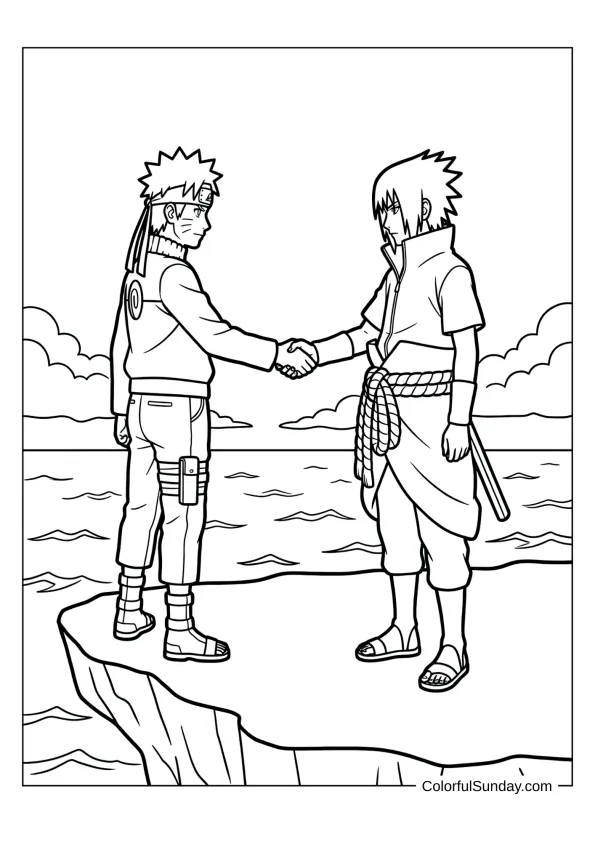 Naruto and Sasuke reunited on cliff in emotional coloring page.