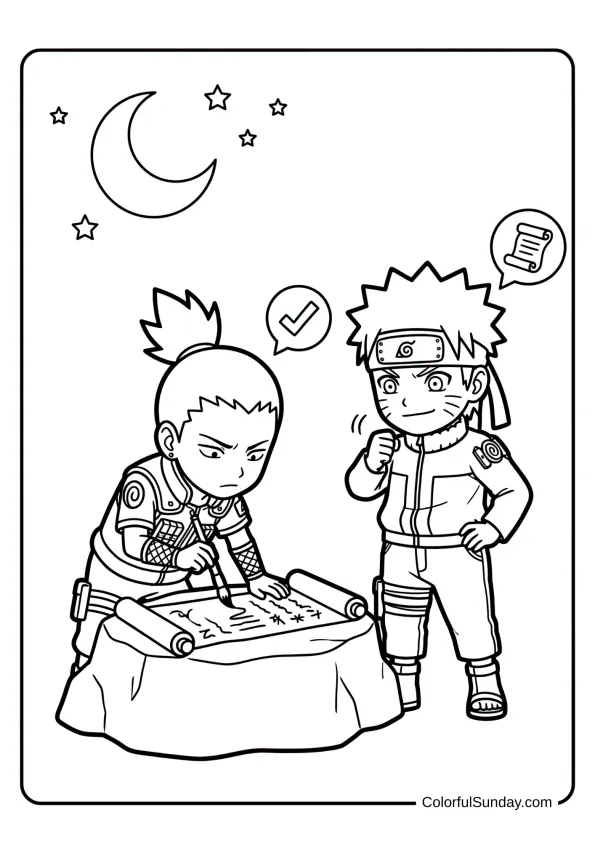 Naruto and Shikamaru planning under moonlight in thoughtful coloring page.