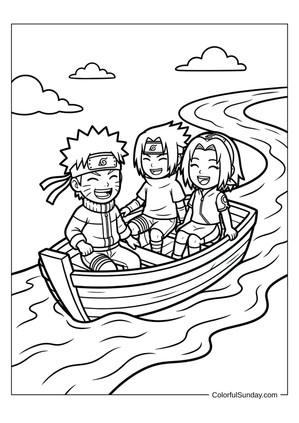 Naruto with teammates relaxing on boat in joyful coloring page.