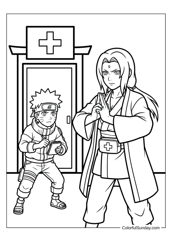 Naruto learning from Tsunade beside clinic in focused coloring page.