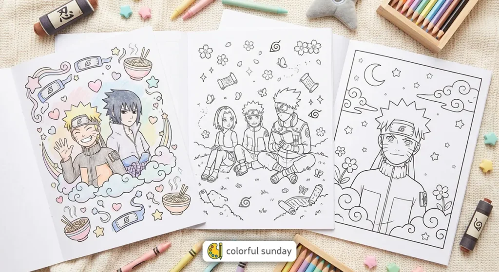 three coloring pages of Naruto