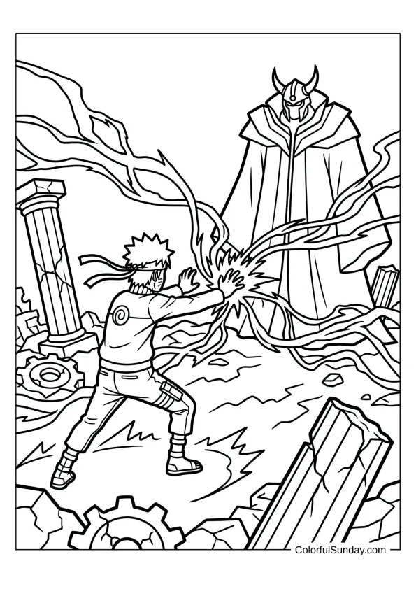 Naruto confronting Pain amid ruins in intense coloring page.
