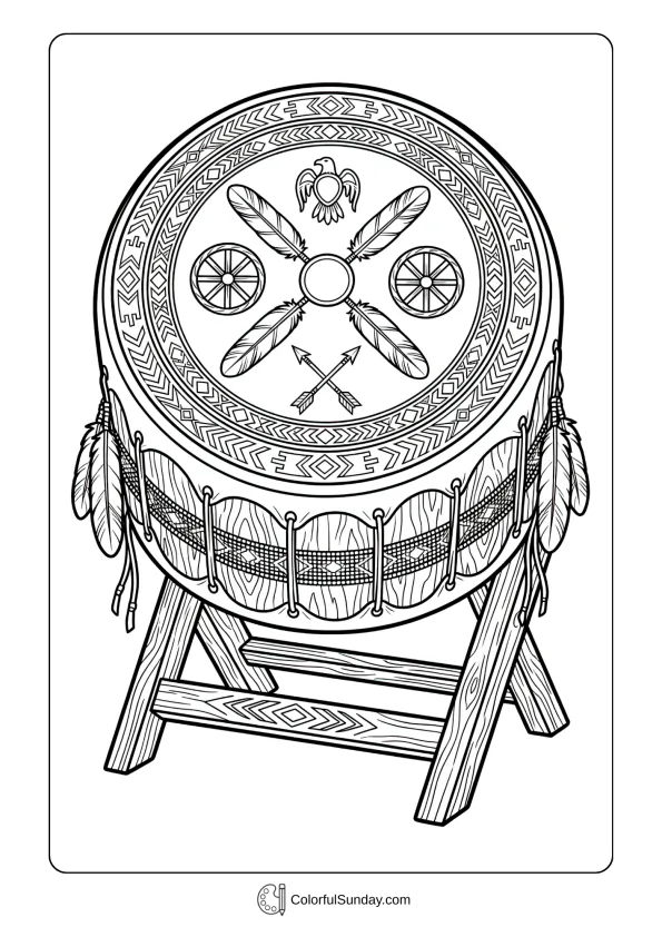 Large ceremonial pow wow drum coloring page with traditional symbols and geometric border designs