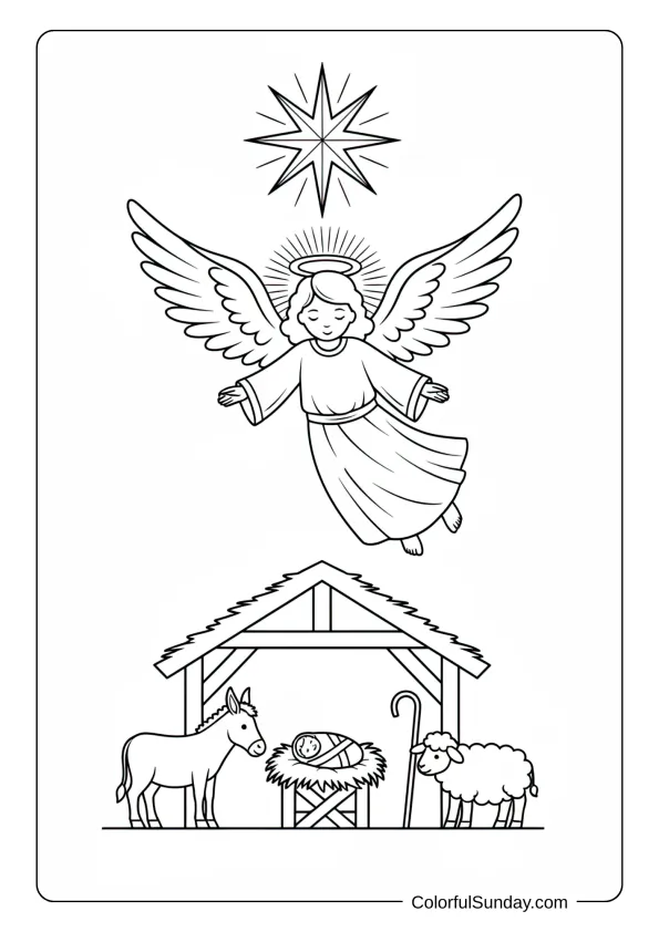 A nativity angel coloring page hovering over a stable scene with baby in manger below.
