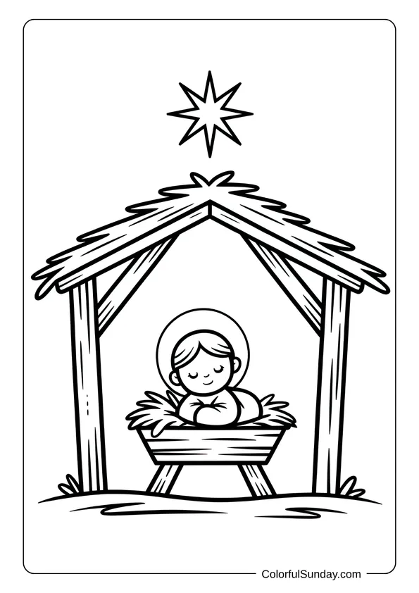 Nativity outline showing baby Jesus resting in a manger under the shining star in a simple coloring page.