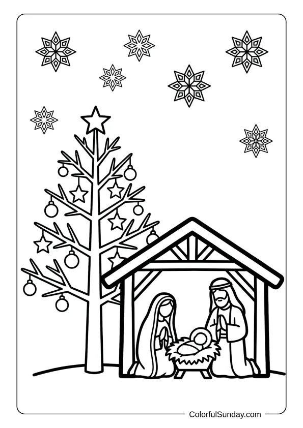 A coloring page Christmas tree beside the nativity manger with stars shining above in wonder