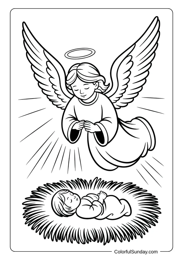 Angel watching over baby Jesus in a nativity-themed Christmas coloring page.