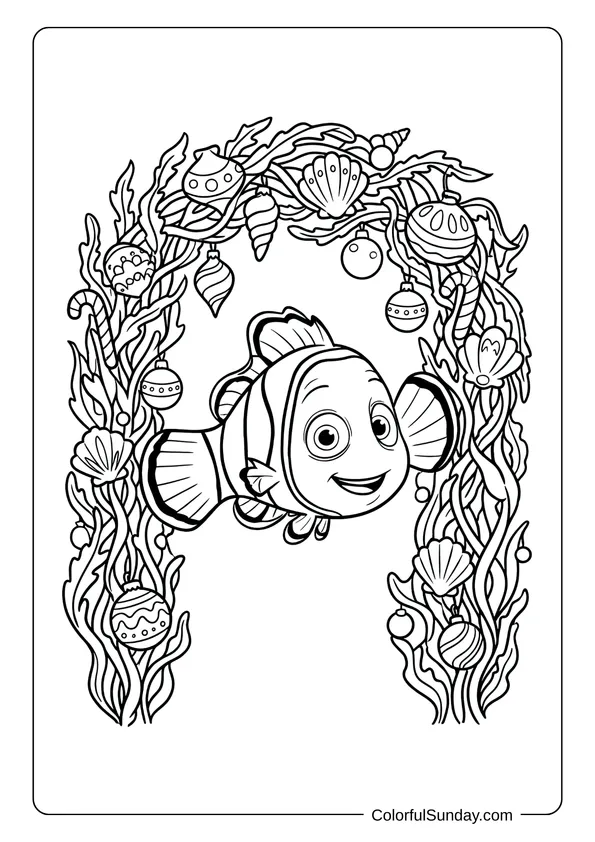 Nemo swimming through underwater garland and ornaments in this Disney Christmas ocean scene coloring page.