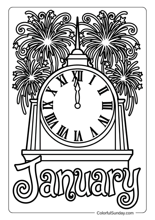 A coloring page of fireworks bursting above a clock striking midnight for January New Year coloring page