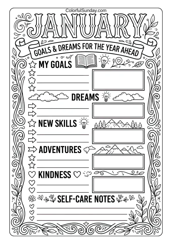A January New Year resolution coloring page with goals and dreams list coloring page
