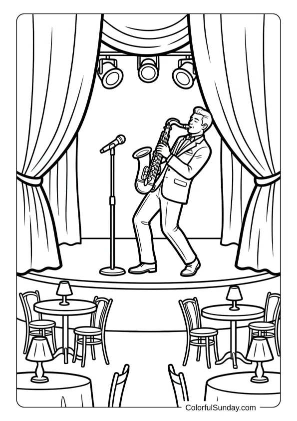 Saxophonist performing in intimate venue coloring page with curtains, spotlights, and elegant jazz club atmosphere.
