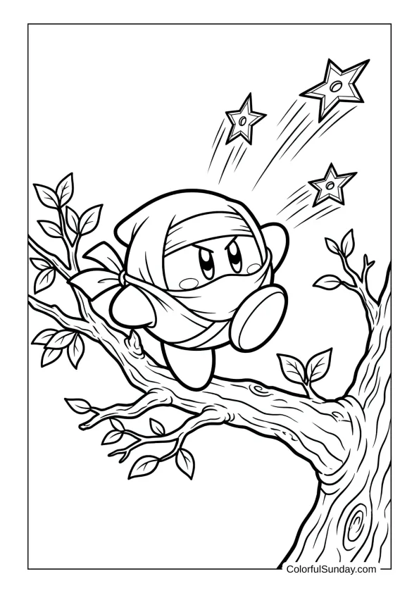 Ninja Kirby balanced on a tree throwing star shuriken in an exciting coloring page