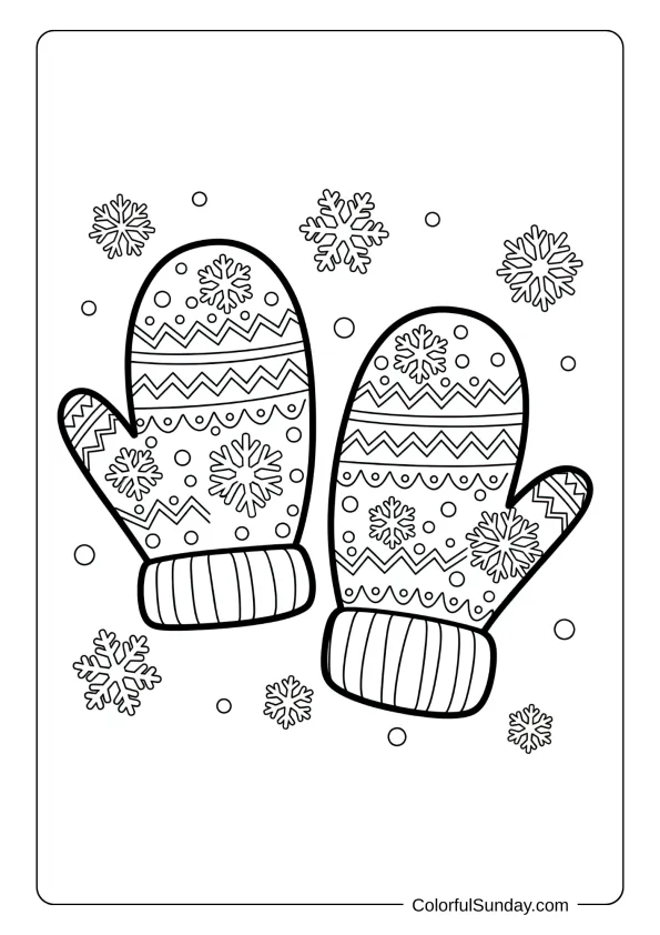 A coloring page of mittens with Nordic fair isle and snowflake patterns.