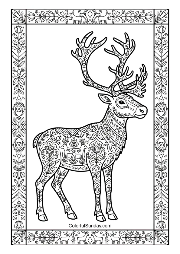 A traditional nordic-style reindeer coloring page with folk art patterns and decorative borders.