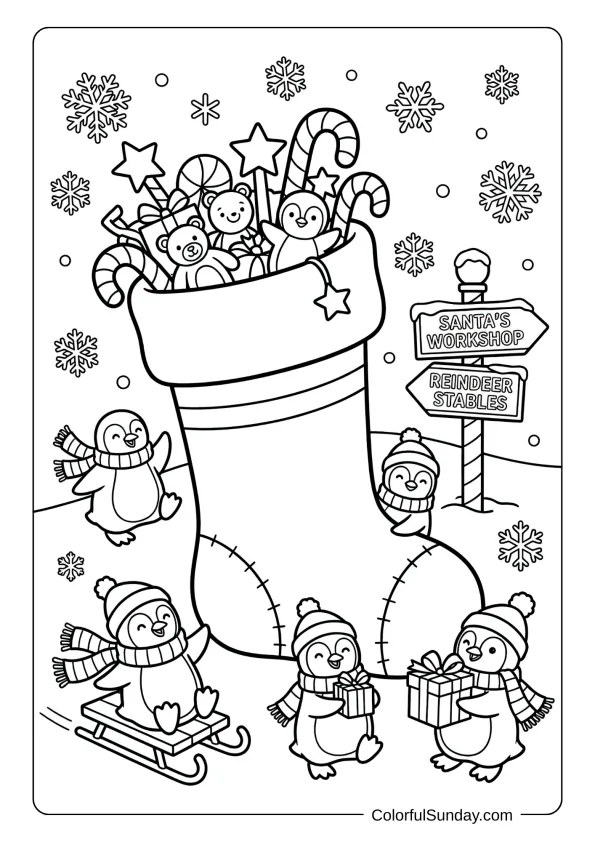 A magical Christmas stocking coloring page at the North Pole surrounded by penguins and snowflakes