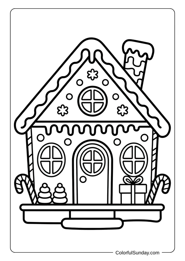 A cozy gingerbread house with candy canes and a gift box sits on a snowy porch in this coloring page.