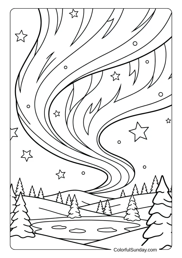 Aurora borealis dances across the sky above snowy landscape in this winter coloring page.
