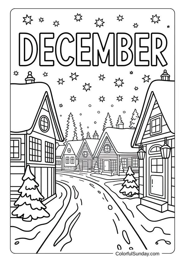 A snowy village street lined with cabins and trees under a sky full of stars in a December-themed coloring page.