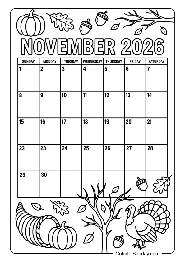 November 2026 Thanksgiving calendar coloring page with turkey and harvest elements printable coloring page