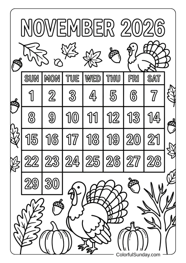 November 2026 fall calendar coloring page with turkey and pumpkins printable coloring page