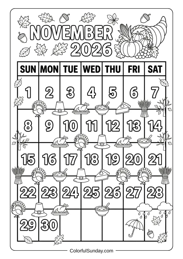 November 2026 Thanksgiving symbols calendar coloring page with turkey and pie printable coloring page