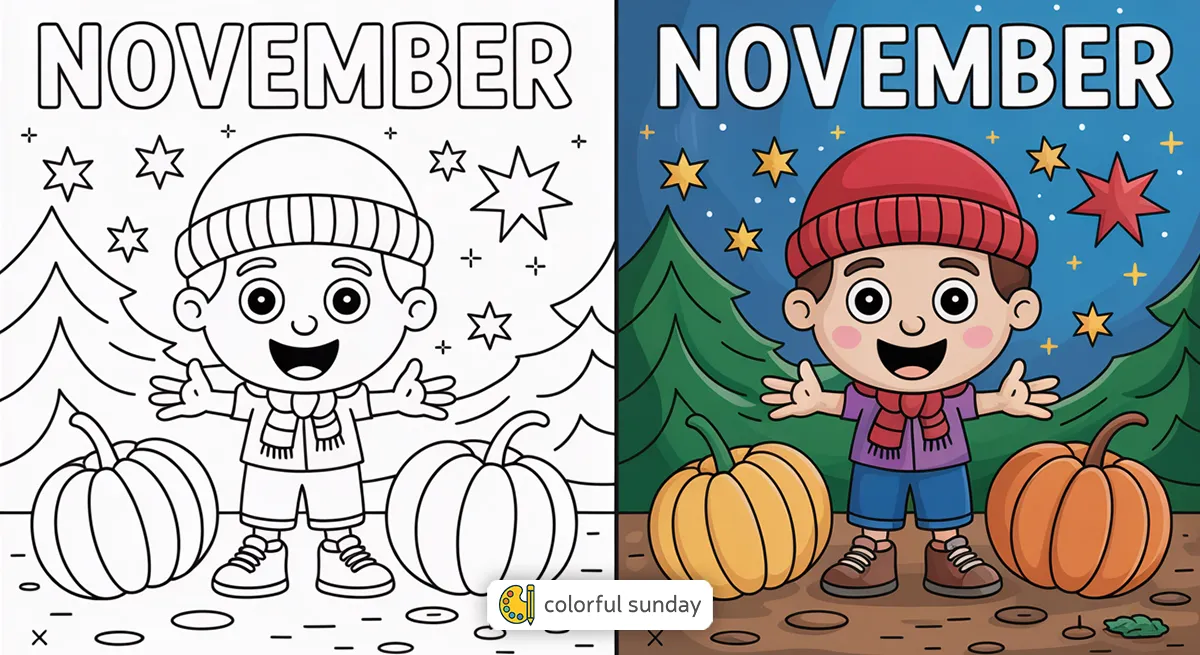 November coloring pages featured image, left side uncolored, right side fully colored
