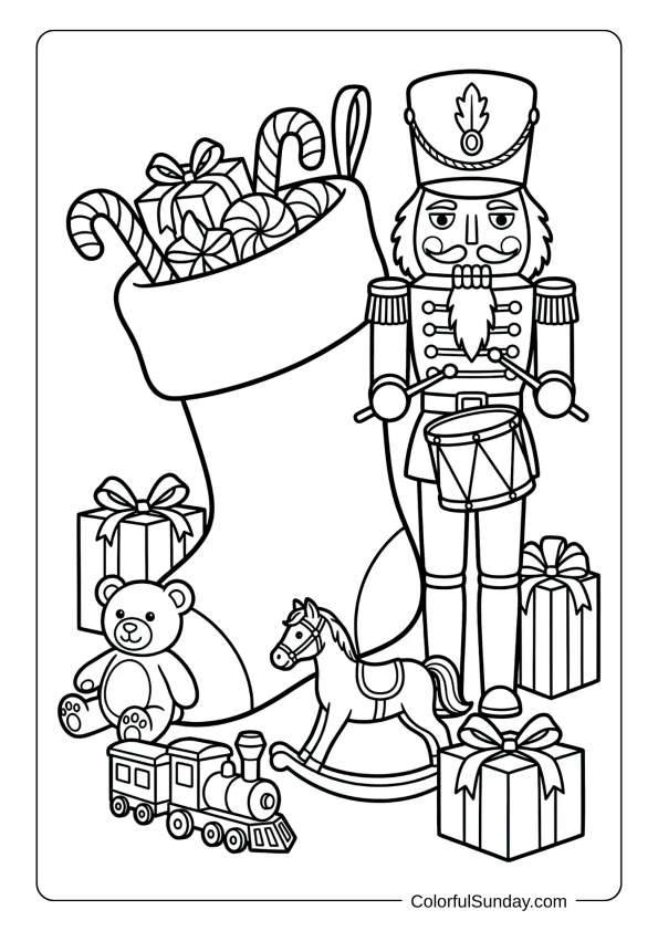 A Christmas stocking coloring page guarded by a tall nutcracker soldier with drums and toys nearby