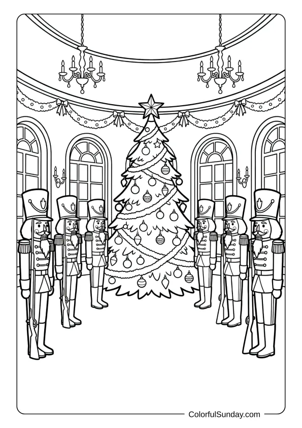 Nutcracker soldiers standing guard around a grand Christmas tree in a festive ballroom coloring page