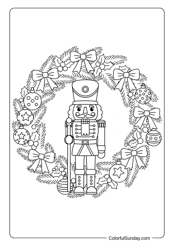 A Christmas wreath coloring page with a nutcracker soldier decoration for kids.