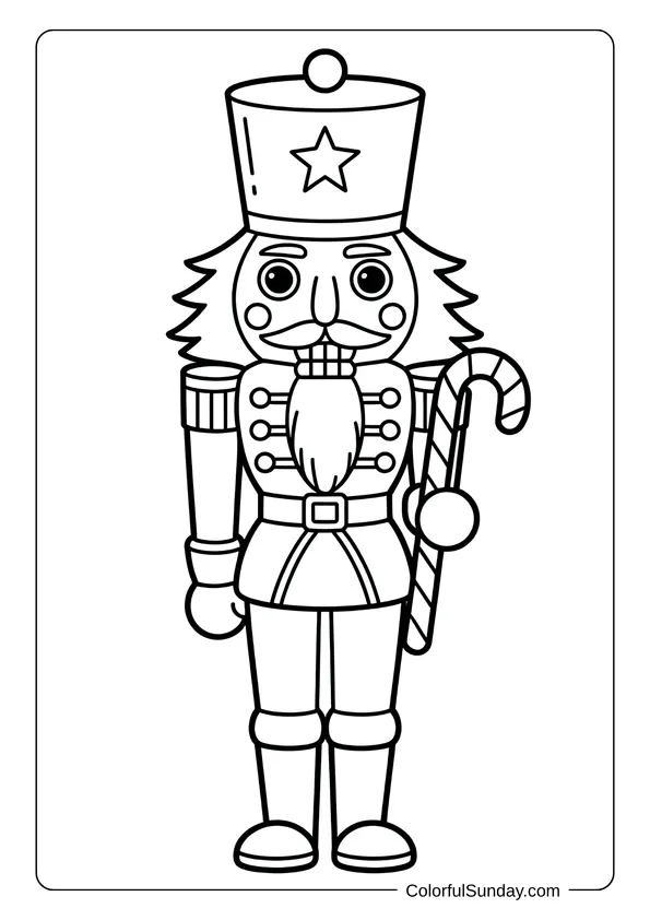 A nutcracker soldier standing straight with a candy cane in his hand, presented in a simple Christmas coloring page.
