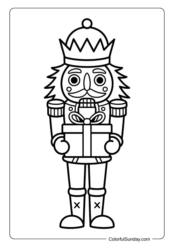 A nutcracker soldier stands tall while holding a wrapped Christmas present in this classic holiday coloring page.