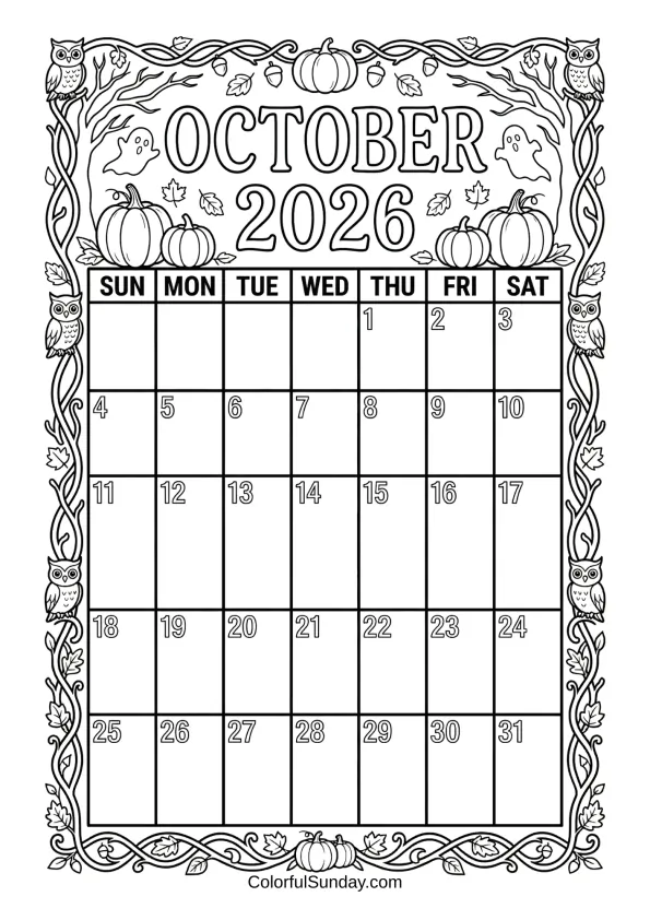 October 2026 Halloween calendar coloring page with pumpkins and owls printable coloring page