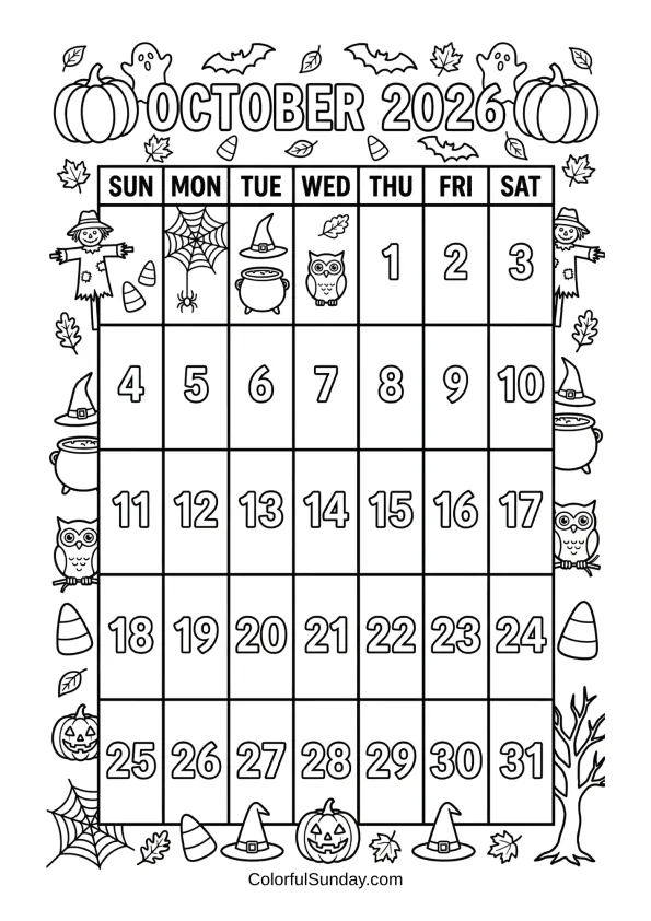 October 2026 cute Halloween calendar coloring page with ghosts and candy printable coloring page